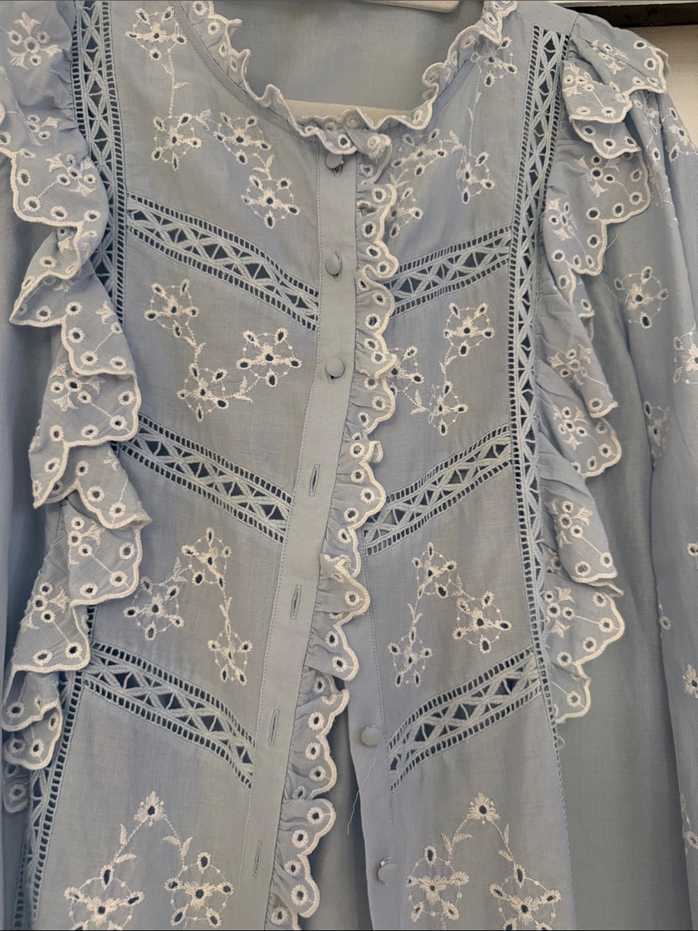 Sezane Pale Blue Eyelet Ruffle Button-Down Shirt - Picture 3 of 5